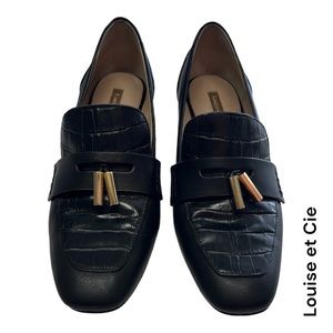 🌈 LOUISE ET CIE black gold heel and tassel alligator loafer + size 9